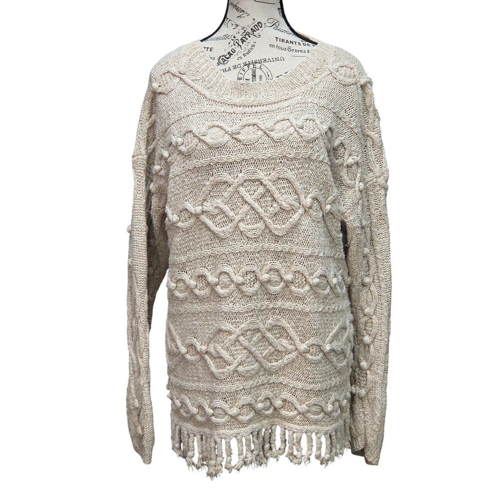 Vintage Express Tricot Hand Knit Sweater L Cream Fringe Boho Cable Fisherman